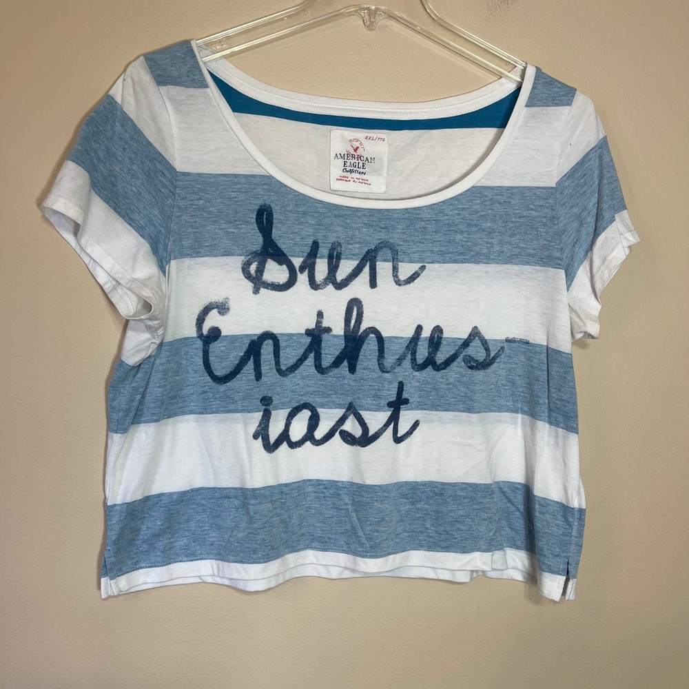 American Eagle Sun Enthusiast Striped Crop Top XXL Blue White Short Sleeve Tee